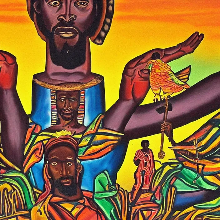 Prompt: UFO hovering over an African Jesus , clouds, colorful, in the style of Nigerian truck art (Eagle & Snake, Kano),