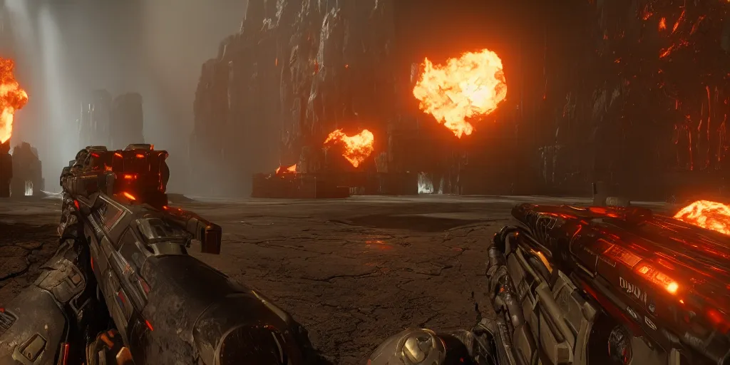 Image similar to doom 2 in the unreal engine, 8k, high detail, volumetric lighting, lensflare