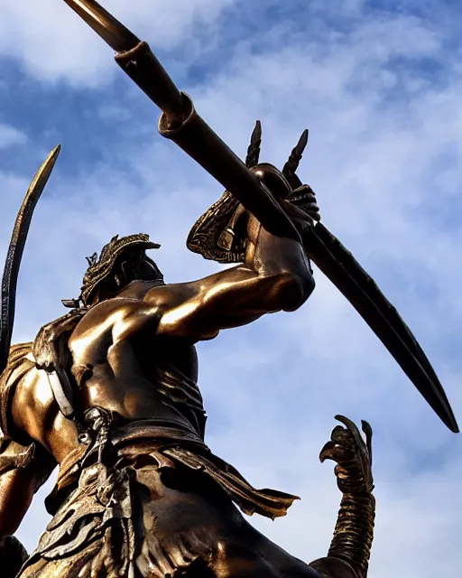 Image similar to a huge bronze statue of a spartanburg warrior holding his spear and shield, god of war, fantasy landscape, photorealistic, atmospheric