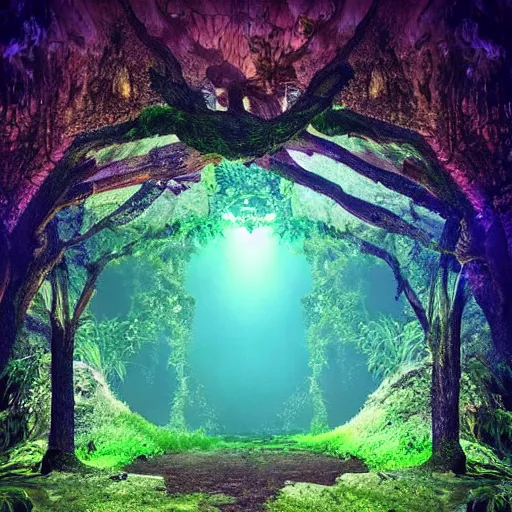 Image similar to portal to another dimension inside a beautiful tree in a densely overgrown jungle, fantasy, dreamlike sunrise volumetric lighting, ultra realistic, atmospheric, stopped in time, epic