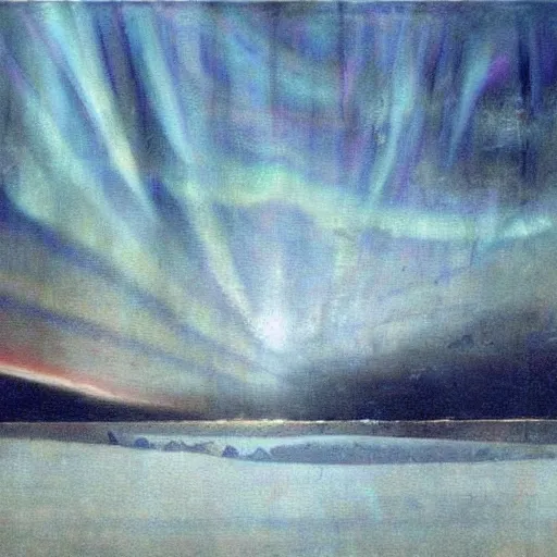 Prompt: the epic abstract painting'blue arctic void with black and red aurora borealis above a tiny inuit village ', by caspar david friedrich!!!, by rothko!!!, stunning masterpiece, trending on artstation