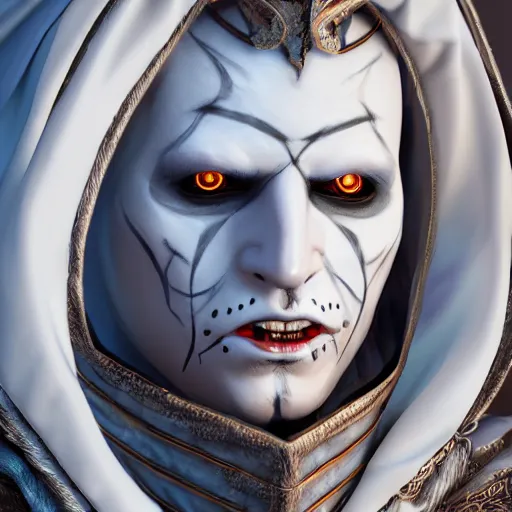 Image similar to a digital art close up portrait of hooded bard with porcelain mask in style of d & d character, handsome warlock with magic character sheet, light clown makeup, 4 k, ultra detail, volumetric lighting, unreal engine, octane render, grimdark