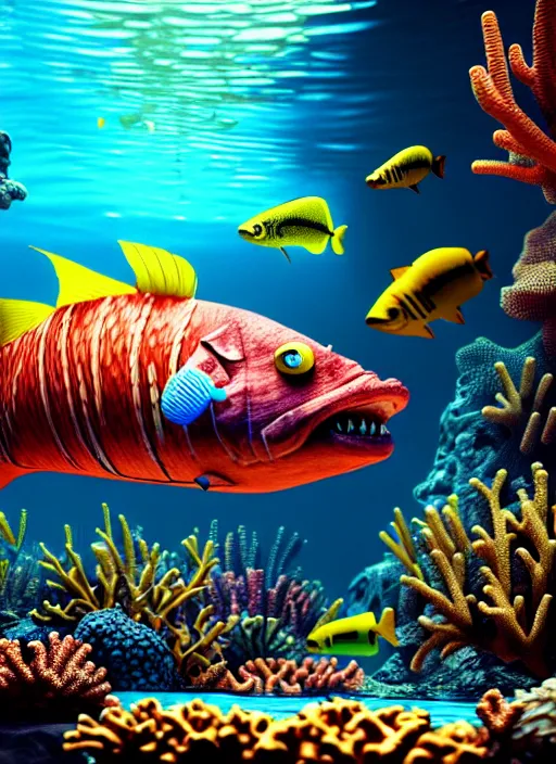 Image similar to hyperrealism, detailed textures, photorealistic 3 d render, an underwater scene with brightly coloured fish smoking cigars, brightly coloured coral, ultra realistic, ultra high pixel detail, cinematic, intricate, cinematic light, octane render, concept art, illustration, art station, unreal engine 8 k