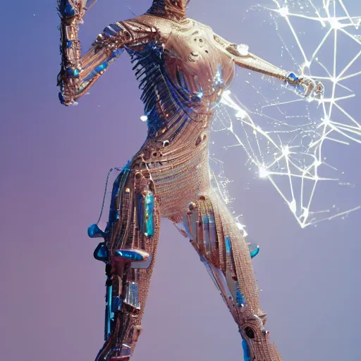 Prompt: woman full body, ethereal, biomechanical, cyberpunk, covered in diamonds and other gems glowing, elegant posed intricate, extremy detailed andrew chiampo, frederik heyman, beeple, cgsociety, artstation. cinematic lighting, highly detailed 4 k art