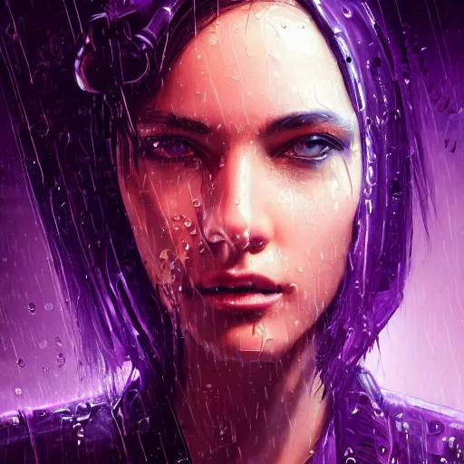 Image similar to very detailed masterpiece painting of a very beautiful wet young cyberpunk woman with a visor, dark purple hair and cybernetics, cyberpunk background, retrowave lighting, raining, closeup, portrait, artstation, concept art by greg rutkowski