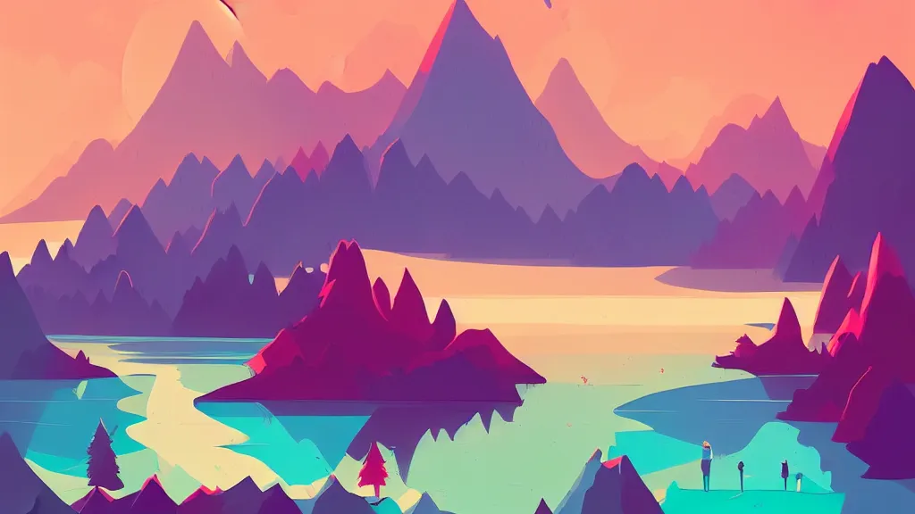 Image similar to mountains, trees, and lake, by anton fadeev