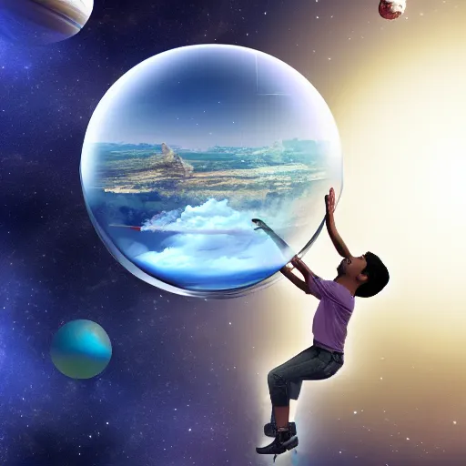 Image similar to a young man alone in an enormous transparent spherical capsule in the middle of outer space, digital art