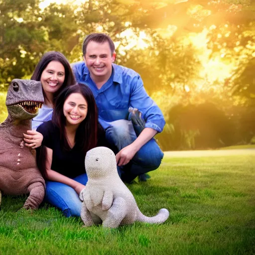 Image similar to a family portrait of a family with a pet dinosaur, cute, uhd, 8k, award winning,