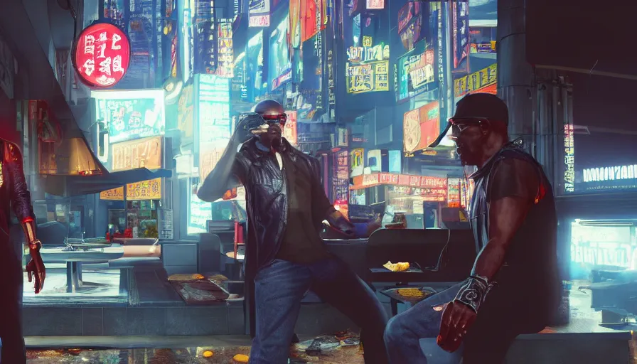 Image similar to samuel l jackson and johnny silverhand in night city eating chinese takeaway, cyberpunk 2 0 7 7, rendering, wallpaper, concept art, digital art