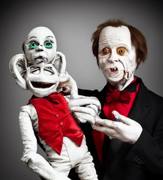 Prompt: hyper realistic photography of lunatic ventriloquist with haunted puppet