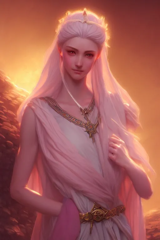 Prompt: a portrait of a Eladrin, light pink skin, illustration, soft lighting, soft details, painting oil on canvas by Edmund Blair Leighton and Charlie Bowater octane render trending on artstation d&d characters, 4k, 8k, HD