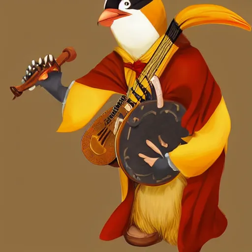 Prompt: an anthropomorphic cockatiel bard, yellow robe, playing a mandolin, digital art, d & d, character art, trending on artstation