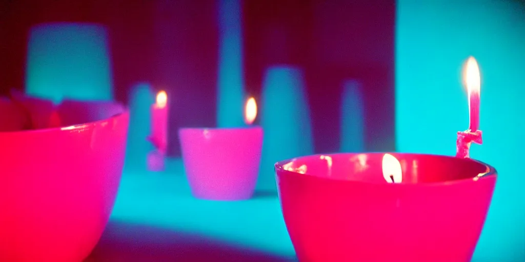 Image similar to macro of a vessel full of blood, it's in the corner of a room that's lit with candles, turquoise and pink lighting, 1980s, cinestill 800t