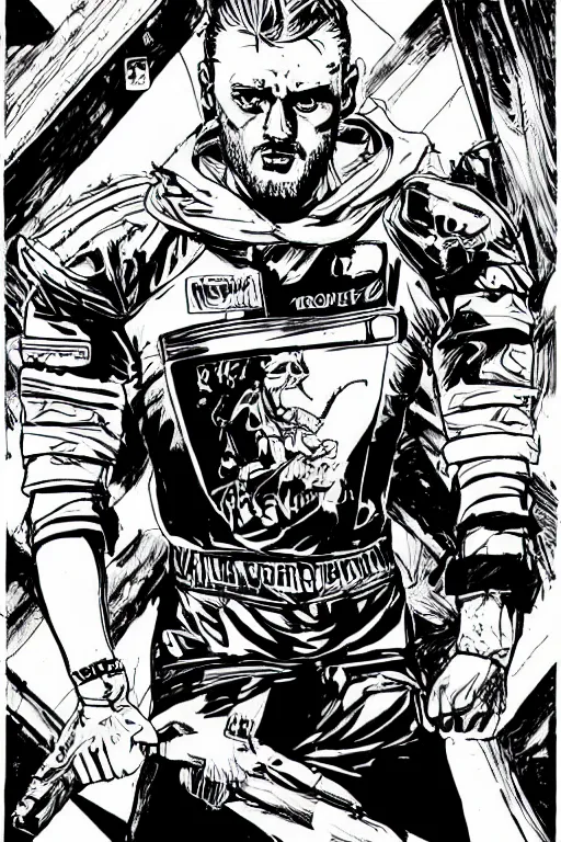 Image similar to jamie vardy as an edgerunner, standing heroically, a page from cyberpunk 2 0 2 0, style of paolo parente, style of mike jackson, adam smasher, johnny silverhand, 1 9 9 0 s comic book style, white background, ink drawing, black and white