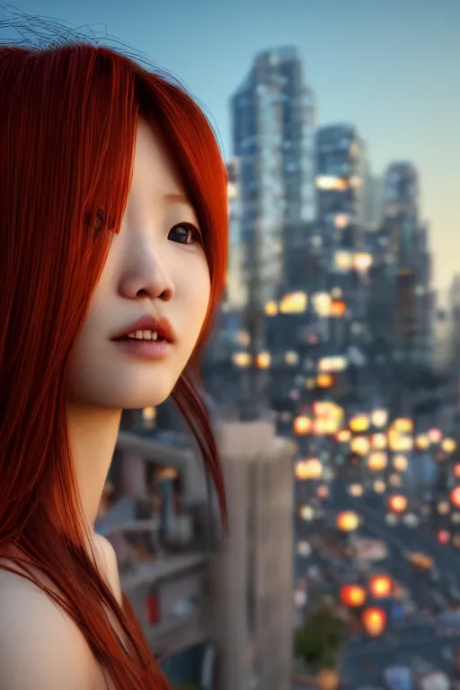 Image similar to hyperrealistic portrait of stunningly beautiful redhead korean girl, lit in a dawn light, busy city on background, trending on artstation,ultrawide angle, f8 , polarizer , unreal engine