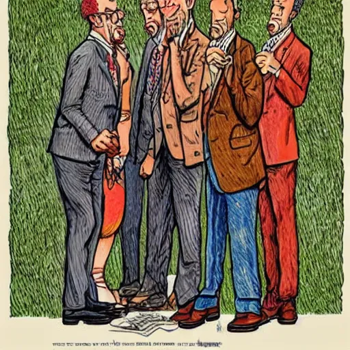 Prompt: The Artwork of R. Crumb and his Cheap Suit Serenaders, pencil and colored marker artwork, trailer-trash lifestyle