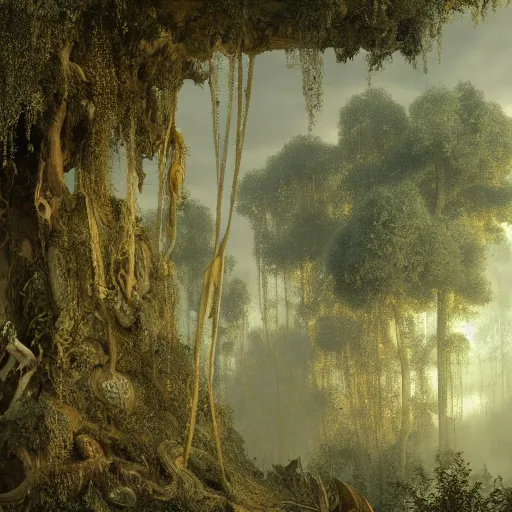 Image similar to a golden ivory forest by gustave moreau and gustave dore, 8k, octane render, art nouveau