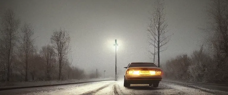 Image similar to Audi A4 B6 Avant (2002), a gritty neo-noir, dramatic bright lighting, cinematic, establishing shot, extremely high detail, photorealistic, cinematic lighting, artstation, by simon stalenhag, Snowy finnish road, At night, Poets of the Fall - Late Goodbye