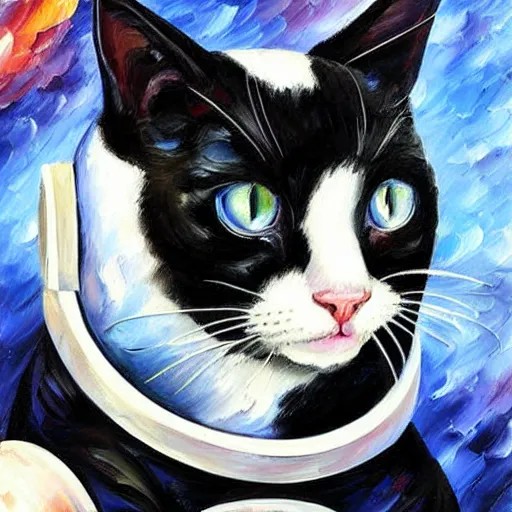 Image similar to portrait painting of a black and white cat as an astronaut by Leonid Afremov