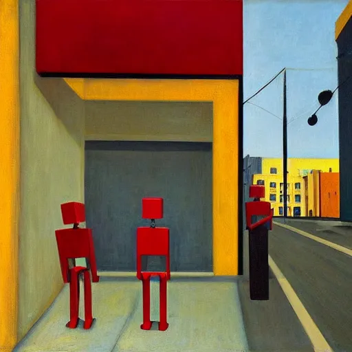 Prompt: red robots queue up in a drab brutalist town, street elevation, grant wood, pj crook, edward hopper, oil on canvas