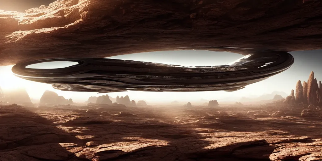 Prompt: giant tubular spaceship flying over rocky desert surface of planet, day, ultra high definition, ultra detailed, symmetry, god rays, sci - fi, dark fantasy, by paul chadeisson and denis villeneuve