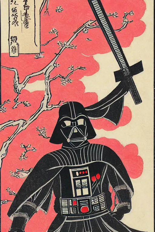 Image similar to Japanese woodblock print of Darth Vader holding a samurai sword , cherry blossom, Hokusai