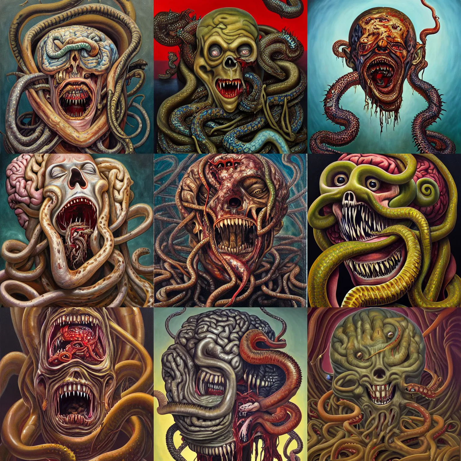 Prompt: an oil on canvas painting of a screaming decapitated man's partially decomposing face with many biting serpents swarming out of his exposed brain, a surrealist painting, polycount, surrealism, surrealist, lovecraftian, cosmic horror, high detailed