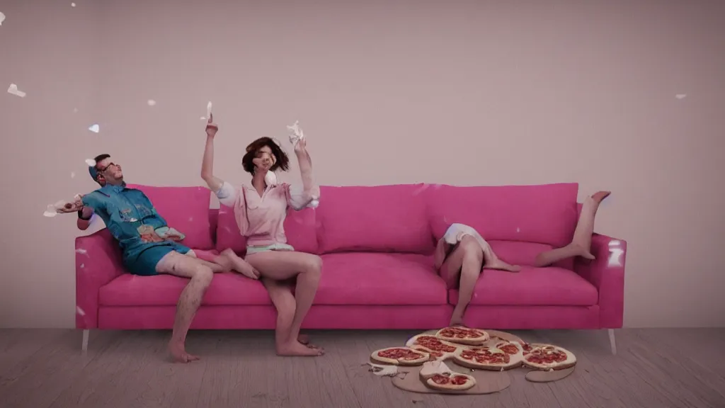 Prompt: pizza party on vintage pink velour sofa, group of friends, pizza slizes, medium shot, white walls, daytime, soft light through blinds, particles, unreal 5, detailed, volumetric lighting, michelangelo, cinematic, 3 5 mm lens, f 2. 8, 4 k