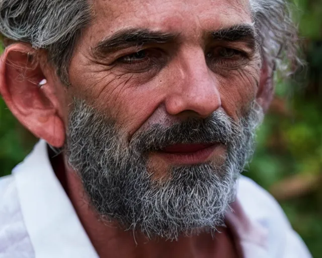 Prompt: mr robert smoke weed and meditate in the garden, he has dark grey hairs, detailed glad face, muscular chest, visible belly, golden hour closeup photo, red elegant shirt, eyes wide open, ymmm and that smell