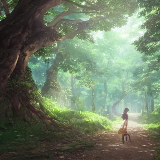 Image similar to forest path, beautiful ancient trees, hiding large treasure chest, serene evening atmosphere, soft lens, soft light, cel - shading, animation, in the style of cgsociety, deviantart, artstation, zbrush, cinema 4 d, studio ghibli, akihiko yoshida, atelier lulua, masamune shirow