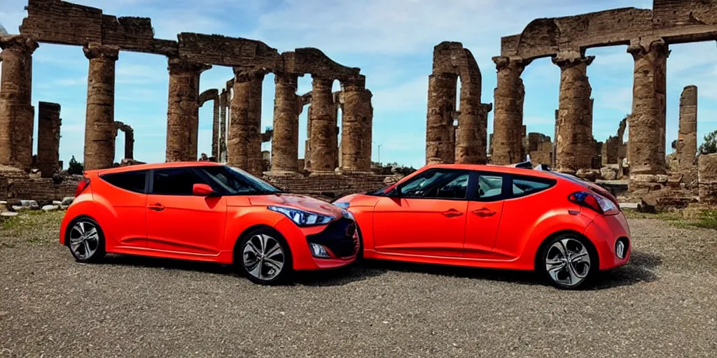 Image similar to a hyundai veloster in front of ancient ruins