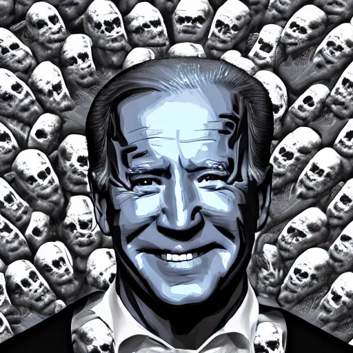 Prompt: Joe Biden sitting on a throne of skulls, digital painting