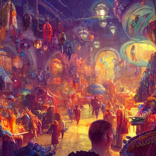 Prompt: bright fantasy bustling byzantine bazaar full of fantasy creature merchants. Distant view, concept art, fine detail, daniel dociu, trending on artstation, ultra crisp, vibrant,