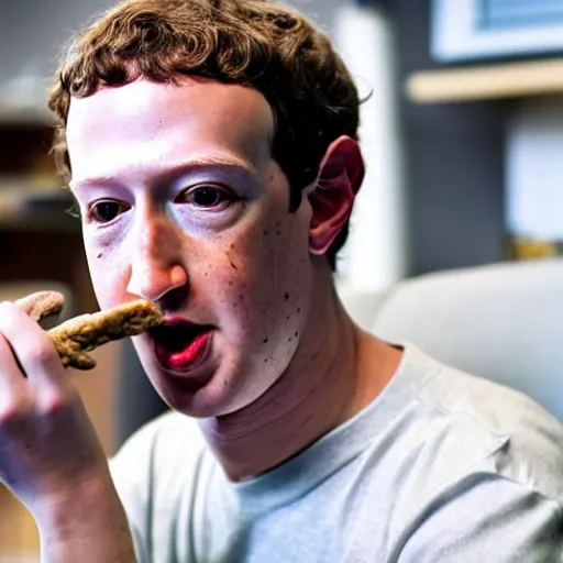 Prompt: mark zuckerberg eating lumpy wet brown stuff, 4 k photograph, cinematic, ideal, no artifacts,