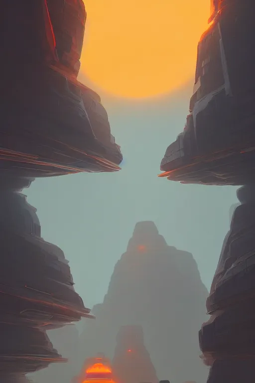 Image similar to futuristic temples glowing orange in canyon, monks, geometric lines in the sky, floating planets, dramatic lighting, artstation, matte painting, ralph mcquarrie, simon stalenhag