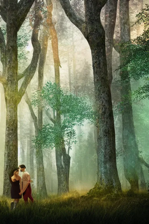 Image similar to intricate color photo of young lovers in a fantasy forest of tall trees 8 k octane beautifully detailed render