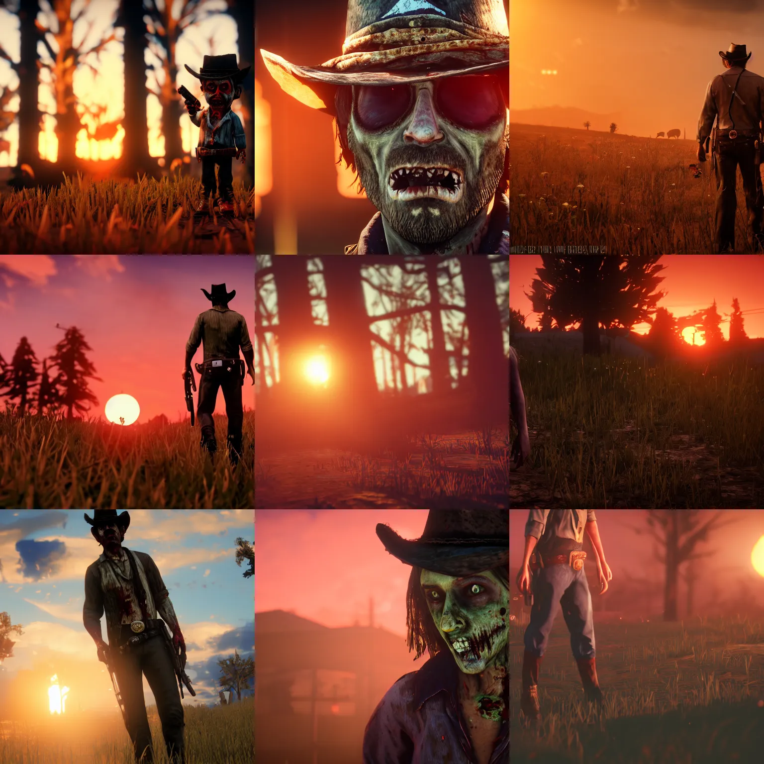 Prompt: zombie, bokeh dof, professional, dreamy, cute, 4 k, sunset, award winning, cute, disgusting, funny, sad, upset, jambalaya, red dead redemption 2