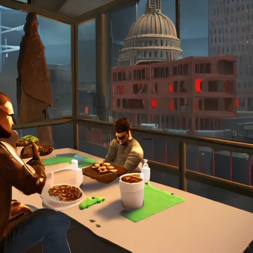 Prompt: jc denton from deus ex videogame eats cereal at a table near liberty island