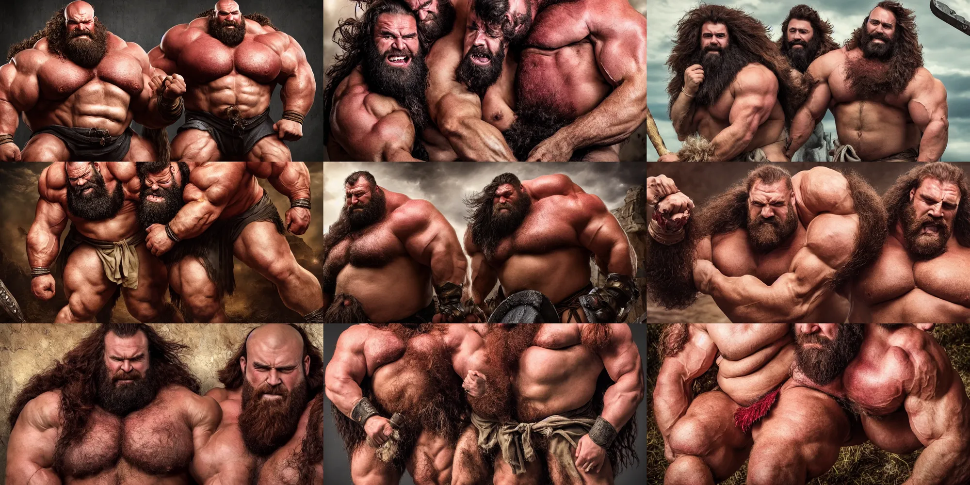 Prompt: big hairy thick masculine barbarian strongman king with massive muscle and dark red hair pettingthe head of his lean male servants, photography, highly detailed, epic, high definition, 4 k, 8 k, dad energy