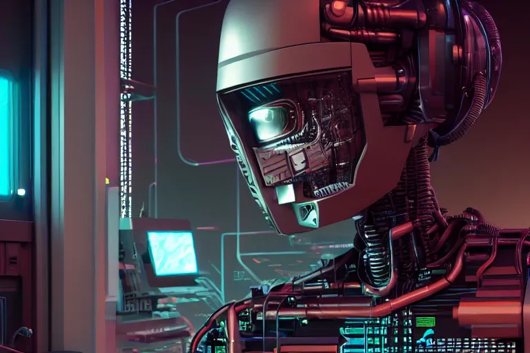 Image similar to hyperrealism stock photography of highly detailed stylish humanoid robot in sci - fi cyberpunk style by gragory crewdson and vincent di fate with many details by josan gonzalez working in the highly detailed data center by mike winkelmann and laurie greasley hyperrealism photo on dsmc 3 system rendered in blender and octane render