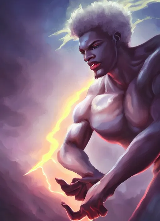 Image similar to a highly detailed illustration of short fade hair african god of lightning, evil summoning lightning from hands pose, moonlit clouds background, muscular, intricate, elegant, highly detailed, centered, digital painting, artstation, concept art, smooth, sharp focus, league of legends concept art, WLOP