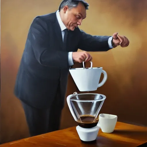 Image similar to viktor orban making chemex coffee, oil painting