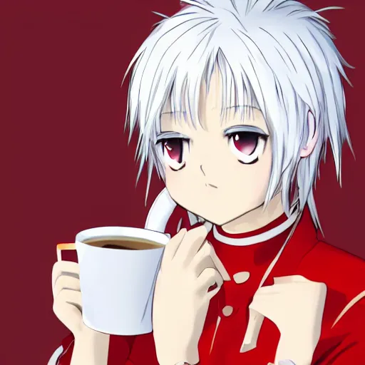 Image similar to white hair, red eyes, two small horn on the head, anime style, anime girl holding a cup of coffee