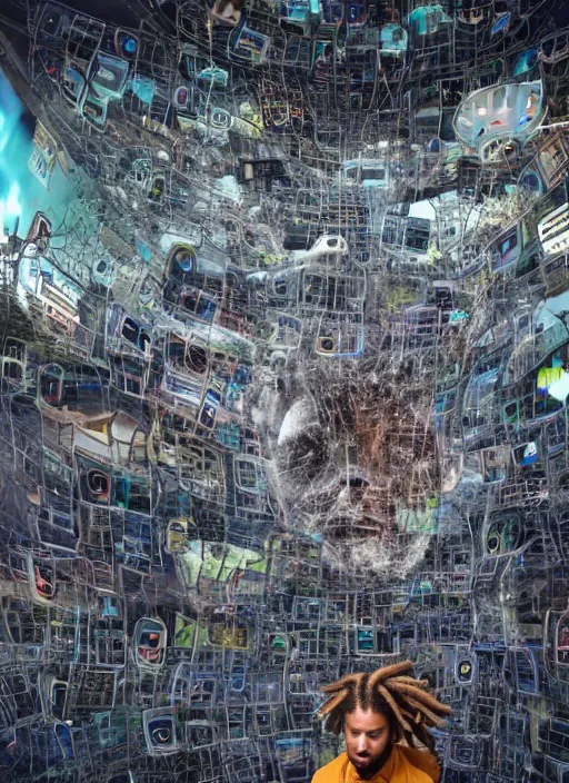 Image similar to man with dreadlocks in a room with many screens of different sizes and styles, his hair is like cables that keep him connected to all the screens and to the interplanetary network. on the screens there are images of him, of cities, planets and glitches, cosmic tech conceptual dystopian art