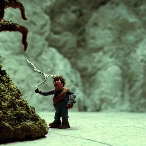 Image similar to claymation of samwise fights shelob, gritty, tilt shift, award winning, highly textured, very detailed!, eerie