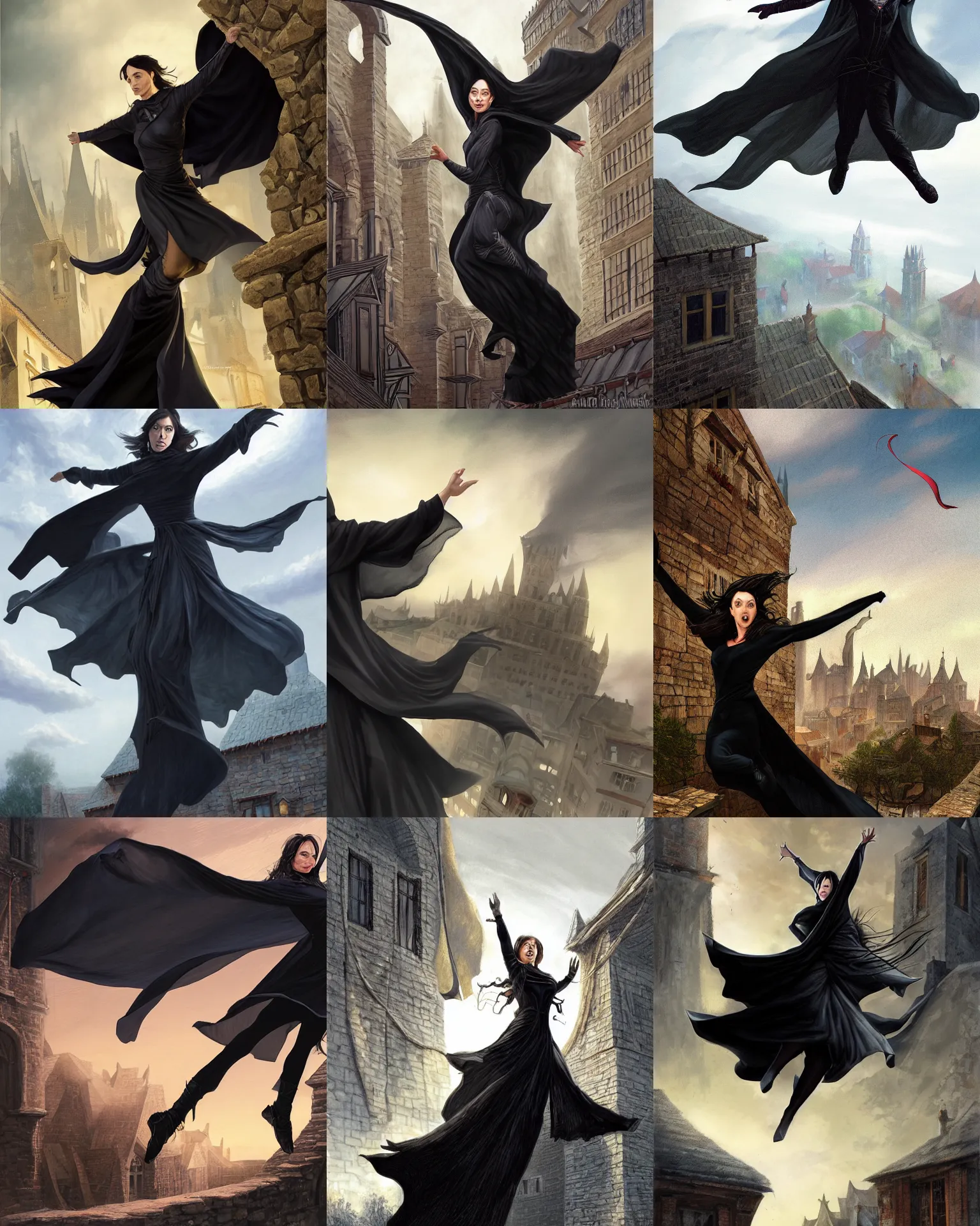 Prompt: illustration of lady vin from mistborn jumping from top of a house waving the cape with long strips of fabric, wearing black clothes and cape, medieval town landscape, trending on artstation by ted nasmith