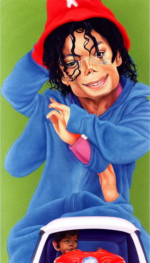 Prompt: michael jackson in a little tikes cozy coupe 1 9 8 9. portrait by jean giraud and anton otto fischer