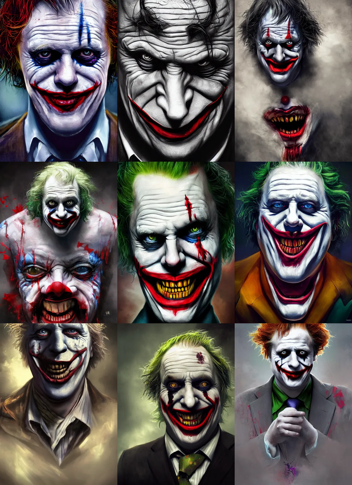 Prompt: Boris Johnson as The Joker, vivid colors, dark shadows, contrast, concept art, sharp focus, digital art, Hyper-realistic, 4K, Unreal Engine, Highly Detailed, Dramatic Lighting, Beautiful, by Brom, bastien lecouffe-deharme