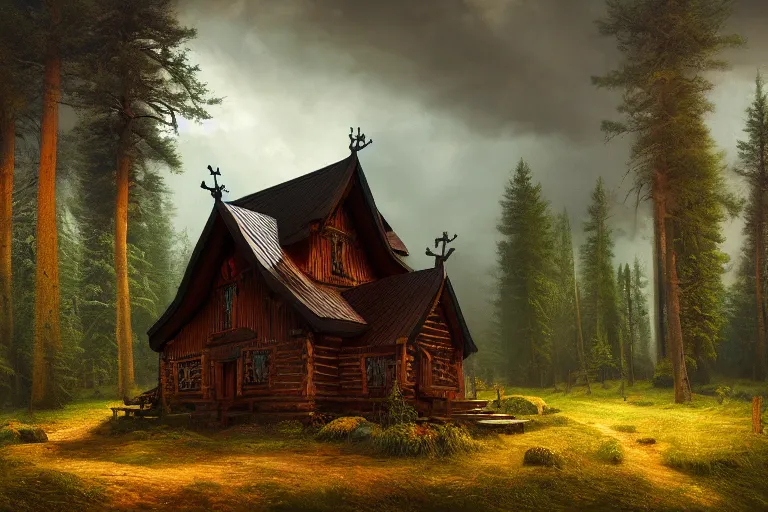 Prompt: small black wooden stave church in pine forest, very detailed, focused, oil painting, colorful, cinematic lighting, canvas, artstation, Vsevolod Ivanov, Albert Bierstadt