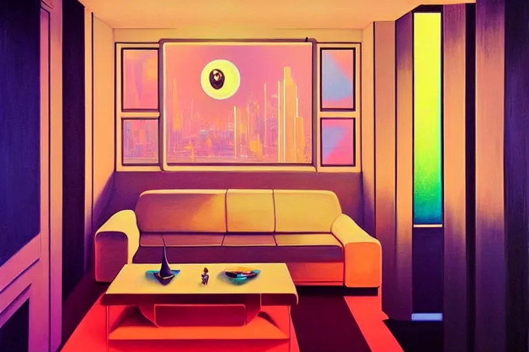 Prompt: chill apartment 🛸🌈, futuristic, neon god of city, in the style of margaret keane, moebius, tom bagshaw, and waterhouse, cinematic lighting, golden ratio, beautiful, elegant, oil painting,